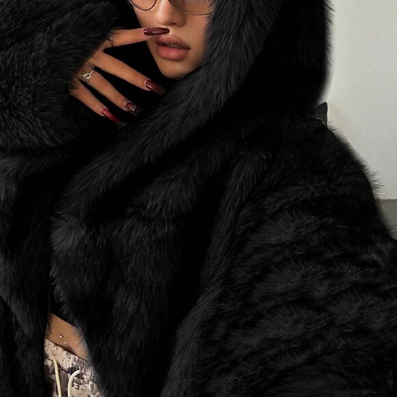 Black Preppy Women's Plus Size Long Sleeve Hooded Fluffy Coat - Picture 6 of 6